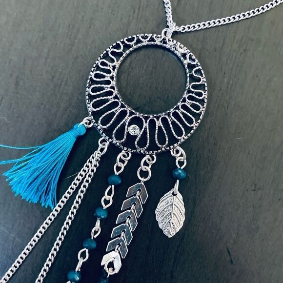 Silver Turquoise Blue Boho Feather Long Silver Necklace - Picture 2 of 5
